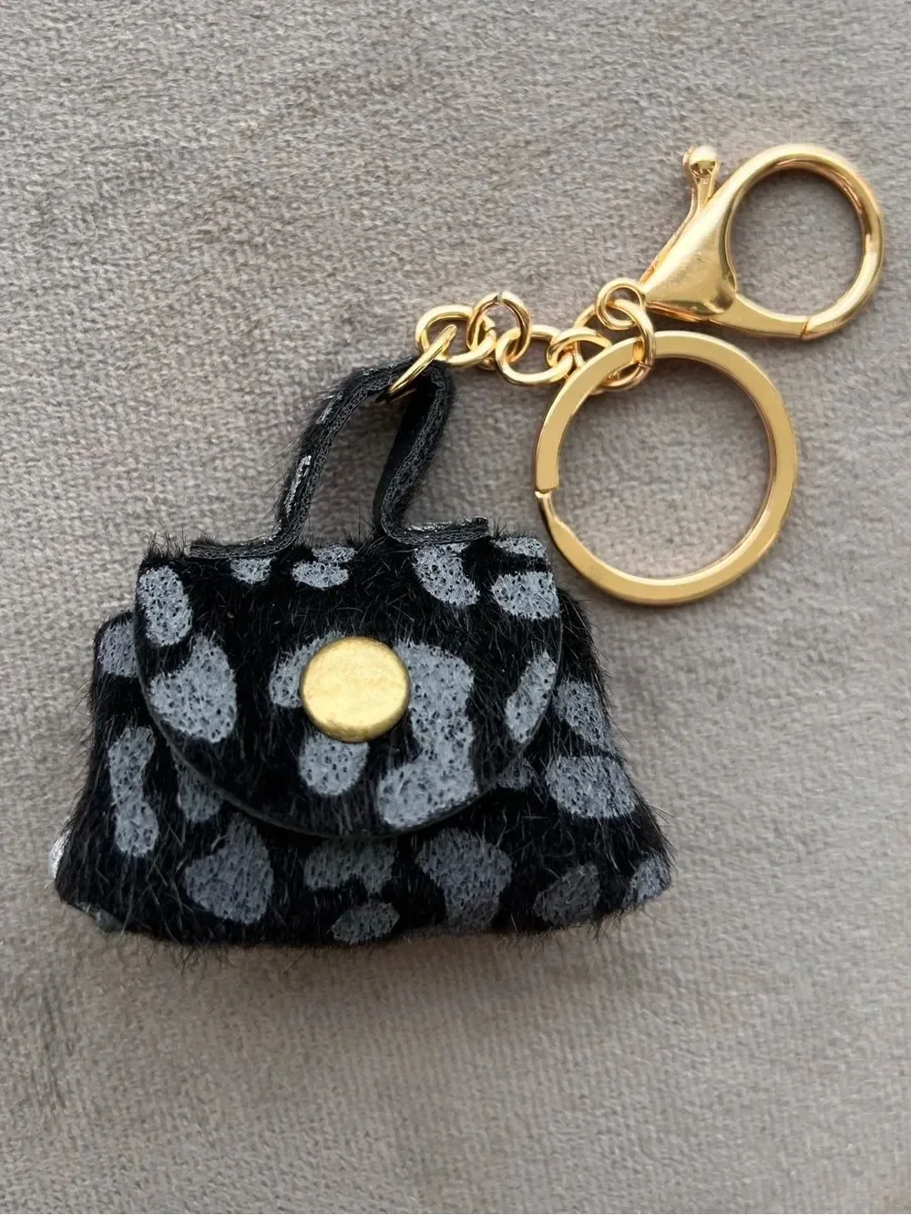 Mini Leopard Print Faux Fur Bag Charm Keychain with Gold Hardware